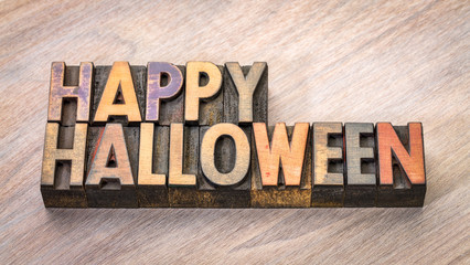 Happy Halloween typography in wood type