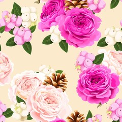 Seamless pattern with roses and berries