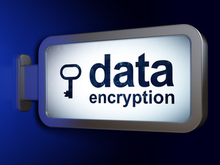 Protection concept: Data Encryption and Key on billboard background