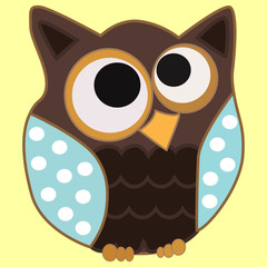 Brown owl with blue wings in speckles and centered eyes