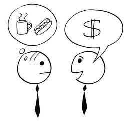 Two Businessman Talking About Business and Coffee and Hot Dog