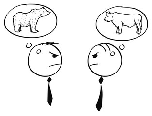 Two Businessman Arguing about Bull and Bearish Market