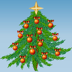 Christmas green tree decorated with red balls, bows, star on a blue background