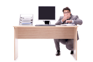 Businessman hiding in the office isolated on white