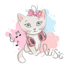 Illustration of cute kitten with headphones. Vector design on white background. Print for t-shirt.  Romantic hand drawing illustration for children.