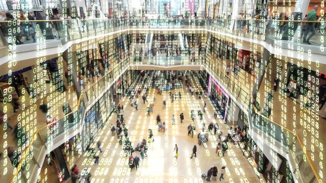 A shopping mall turns into a matrix like environment full of data.