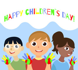 Cartoon vector illustrtation with three kids. 20th November Universal Children s Day poster. National children day composition. Asian, european and african childrens. children show hands
