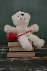 Teddy bear, pencil and apple on stack of books