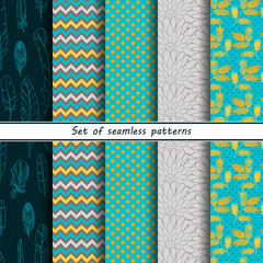 set of seamless blue yellow patterns