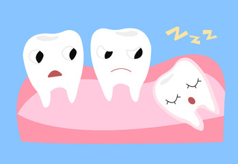 Wisdom tooth. Cartoon vector illustration of emotional funny teeth. 