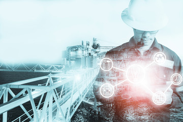 Double exposure of Engineer or Technician man with industry tool icons for management business by...