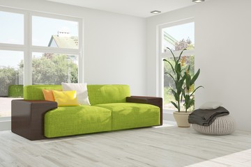 Idea of white room with sofa and summer landscape in window. Scandinavian interior design. 3D illustration