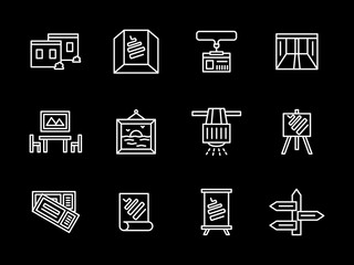 Art showroom white line vector icons set