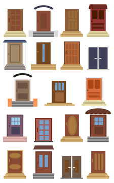 Collection of closed entrance doors of different types. Color doors front to house and building. Vector illustration.
