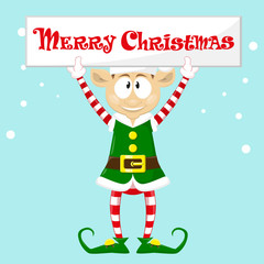 Cute and funny character Merry Christmas elf in santa claus hat. Happy New Year symbol.  Design element for congratulation card, banner, leaflet, poster. Cartoon style. Vector illustration.
