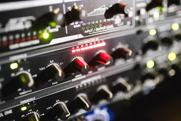 Close up footage of audio mixer. Sound control panel at concert