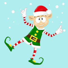 Cute and funny character Merry Christmas elf in santa claus hat. Happy New Year symbol.  Design element for congratulation card, banner, leaflet, poster. Cartoon style. Vector illustration.