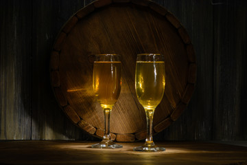 a glass of champagne on a wooden