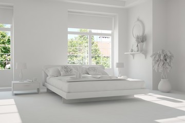 Naklejka na ściany i meble Inspiration of white minimalist bedroom with summer landscape in window. Scandinavian interior design. 3D illustration