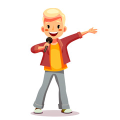 Cute girl sings a song into the microphone. Talented child involved in the competition, performs in concert, sings karaoke. Funny cartoon character. Isolated on white background. Vector illustration.