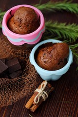 Delicious chocolate cupcakes with cinnamon on the table