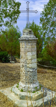 Large masonry cross at Sanctuary of Santa Maria di Leuca. Puglia. Italy.