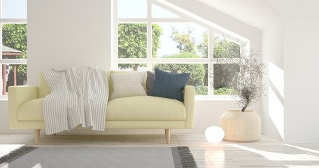 Idea of white room with sofa and summer landscape in window. Scandinavian interior design. 3D illustration