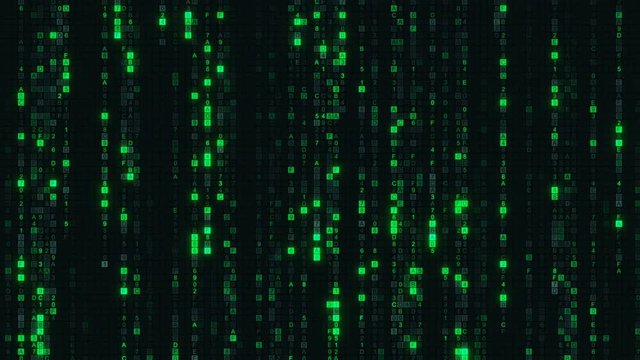 Green matrix rain of digital HEX code. Computer generated abstract technology concept. Seamless loop animation 4k UHD (3840x2160) 
