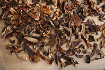 Dried and sliced edible mushrooms. Heap of natural dried sliced boletus mushrooms. Hand-picked in forest.