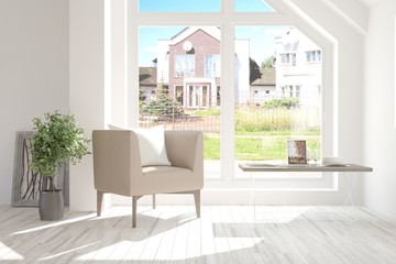 Idea of white room with armchair and summer landscape in window. Scandinavian interior design. 3D illustration