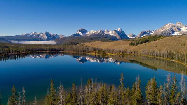 Unique view of Little Redfish Lake and the Sawtooth Mountains Idaho