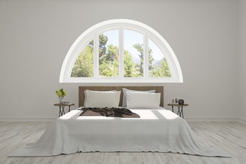 Inspiration of white minimalist  bedroom with summer landscape in window. Scandinavian interior design. 3D illustration