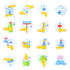 Clean flat vector icons set. Collection of cleaning tools in hand. Housework supplies packaging, colorful domestic clean hygiene kitchenware concept illustration. Objects isolated on white background.