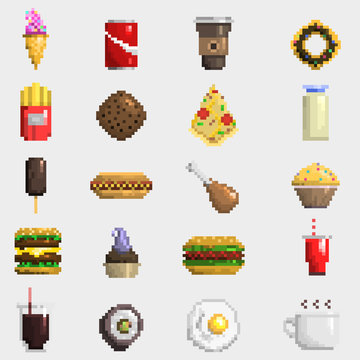 Pixel Art Food Icons Vector.