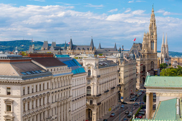 A view of Vienna's City Hall (Wiener Rathaus), Austria, from the rooftop of Vienna's Palace of...