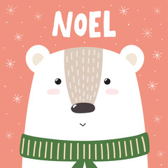 Christmas greeting card or print with cute bear. Vector illustration