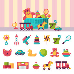 Full kid toys in boxes for kids play childhood babyroom container vector illustration