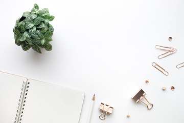 Top view of Mockup notepad and accessories in white  background.business concepts