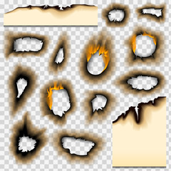 Burned paper realistic fire flame isolated page sheet torn ash vector illustration