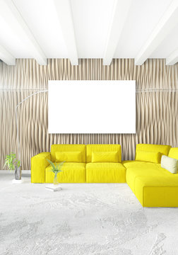Yellow bedroom or livingroom in modern style Interior design with exuding wall and stylish furniture. 3D Rendering.