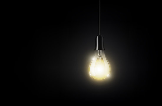 Glowing light bulb is hanging on dark black background for copy space, isolated, transparent vector illustration