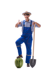 Young farmer with watermelon isolated on white