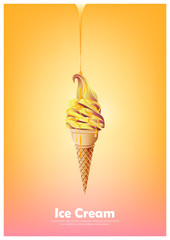 Orange yellow soft ice cream cone, Pour melted orange syrup, orange mango flavor, Vector illustration