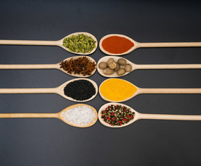 A variety of Asian spices  in wooden spoons, top view
