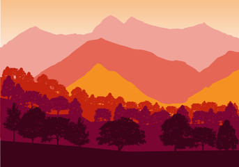 Panorama of mountains and forest silhouette landscape early on the sunset. Flat design Vector Illustration
