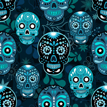 Day of The Dead colorful sugar skull with floral ornament and flower seamless pattern. Dia de los muertos, the pattern is made in bright colors, colorful skulls for the holiday of the dead