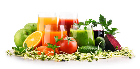 Glasses with fresh organic vegetable and fruit juices