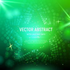 Abstract green mesh star background with circles, lens flares and glowing reflections. Vector illustration.