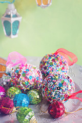 Fototapeta premium Christmas balls and lights, retro toned