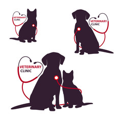 Veterinary clinic logo template with cat and dog. Vector Illustration